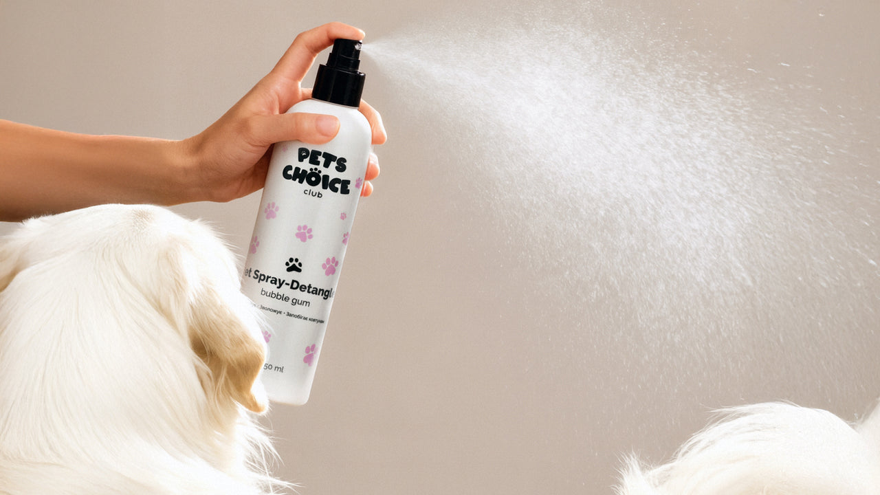 Person using a 'Pets Choice' spray bottle on a dog's fur.