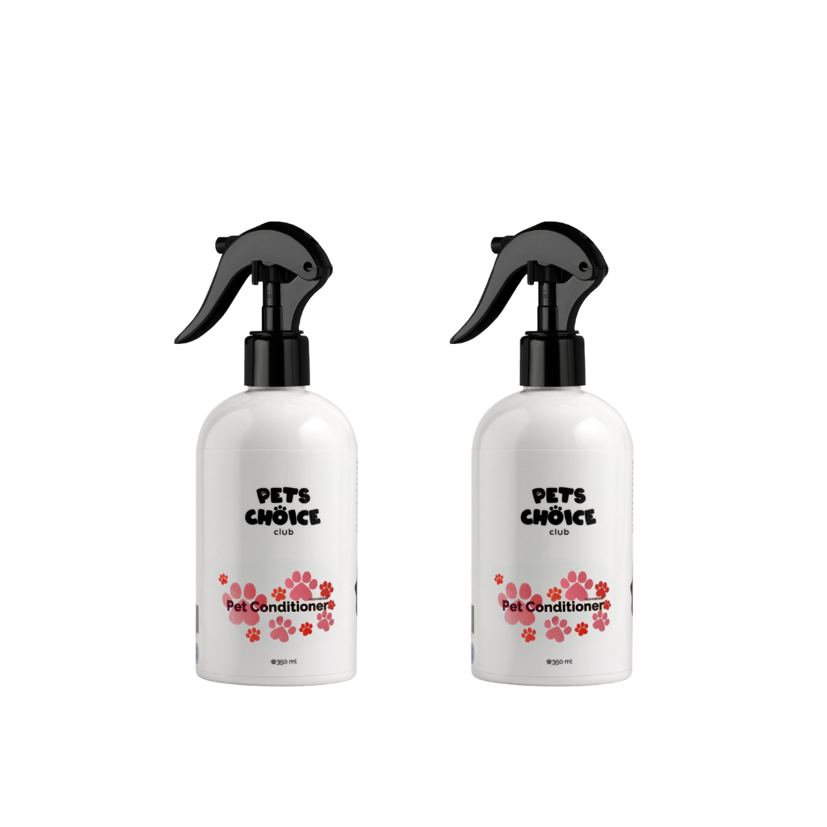 Two white pet conditioner bottles with black sprayers on a white background