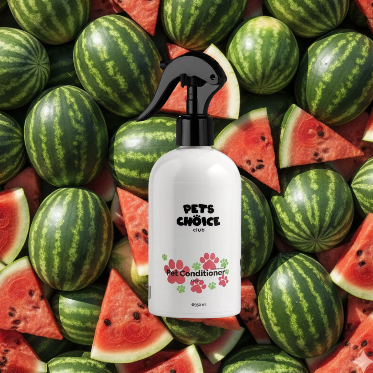 Pet conditioner bottle with watermelons on a background of watermelons and watermelon slices.