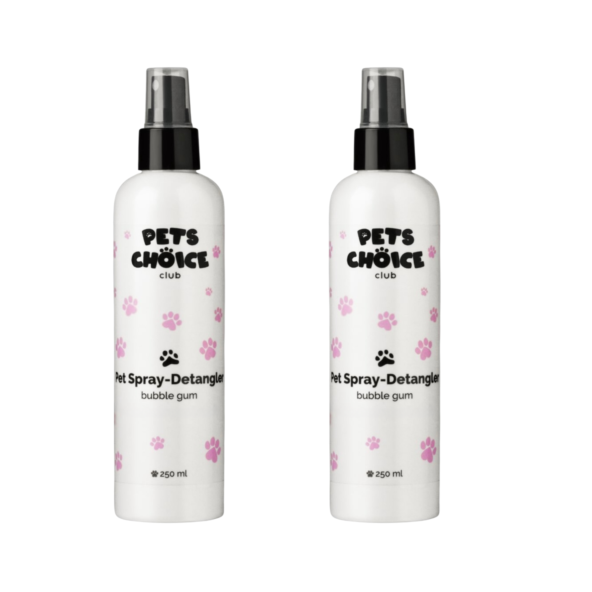 Two bottles of Pets Choice Pet Spray Detangler on a white background