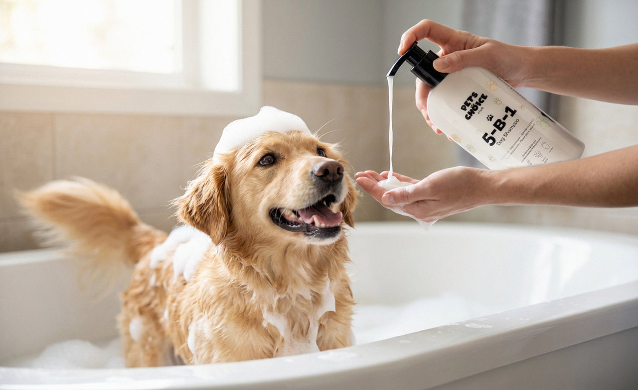 Dog being bathed with a bottle of shampoo in a bathtub