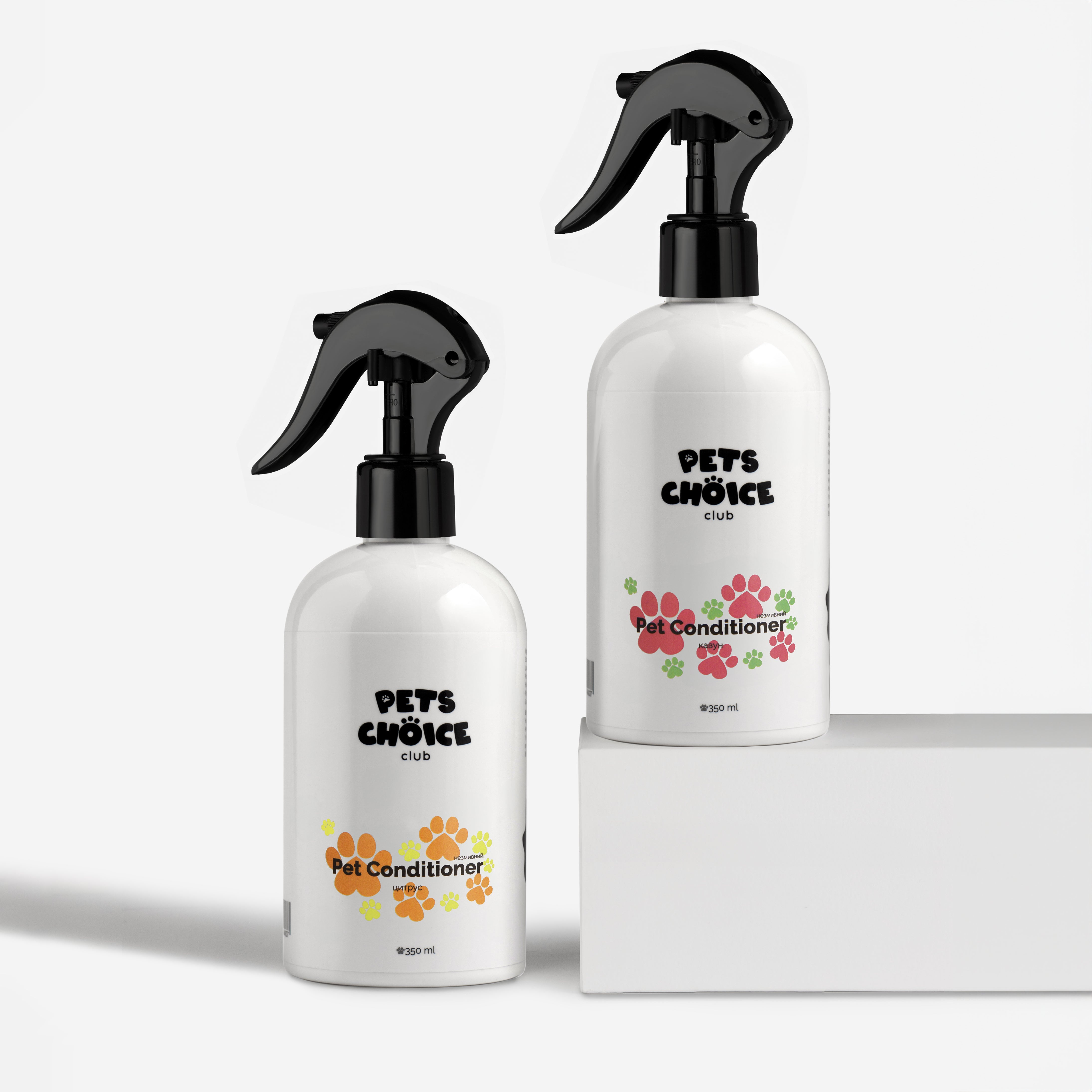 Дві пляшки шампуню для домашніх тварин з чорними дозаторами-помпами на білому фоні.
