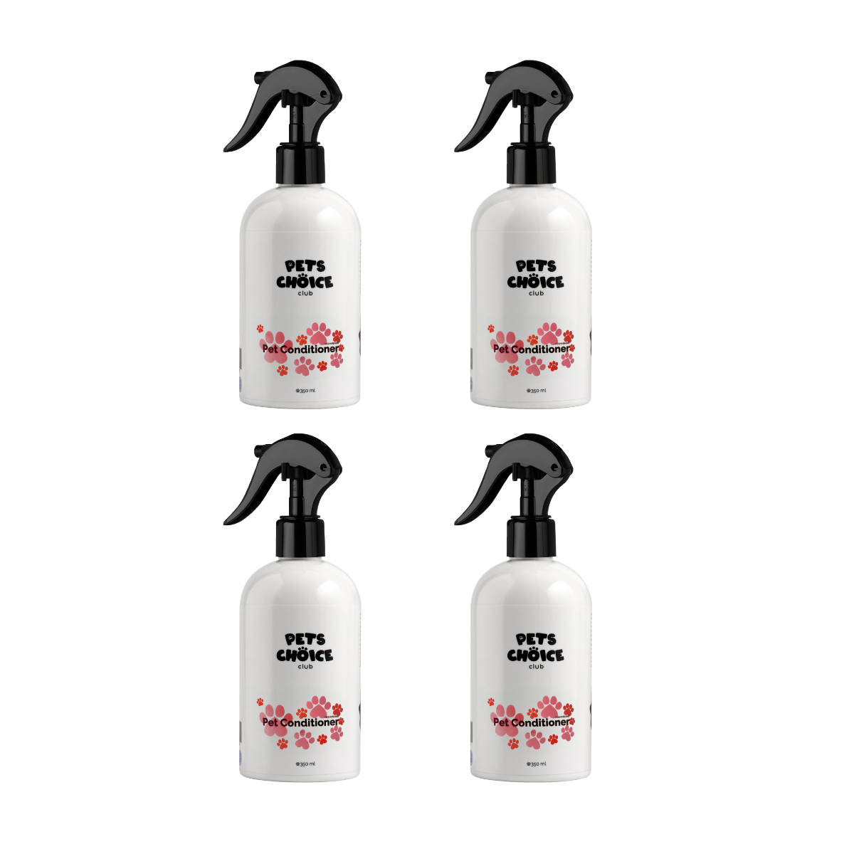 Four bottles of 'Pet's Choice' pet conditioner on a white background