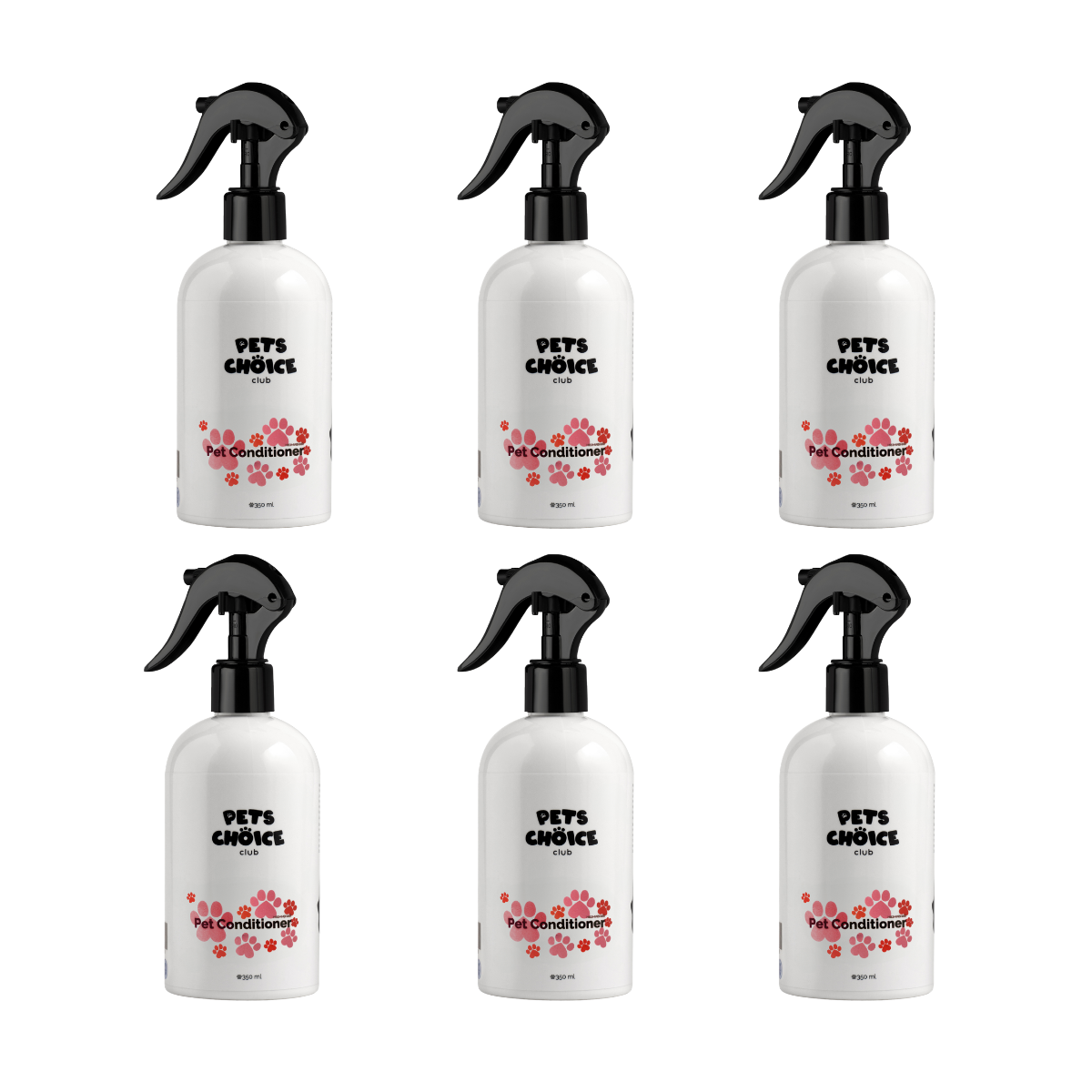Six bottles of 'Pet's Choice' pet conditioner on a white background