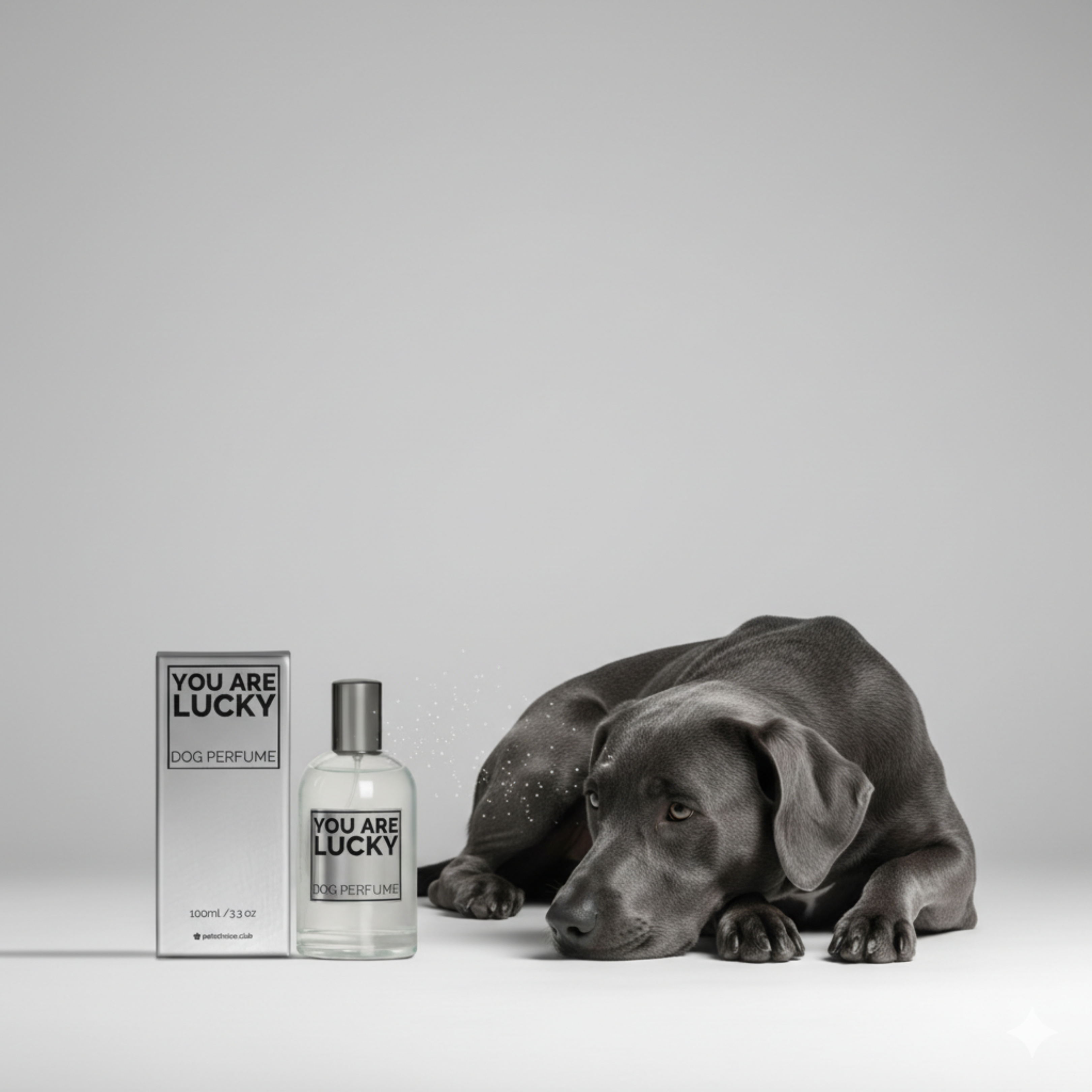 A gray dog lies on a light gray studio floor next to a clear perfume bottle and its box, both labeled YOU ARE LUCKY.