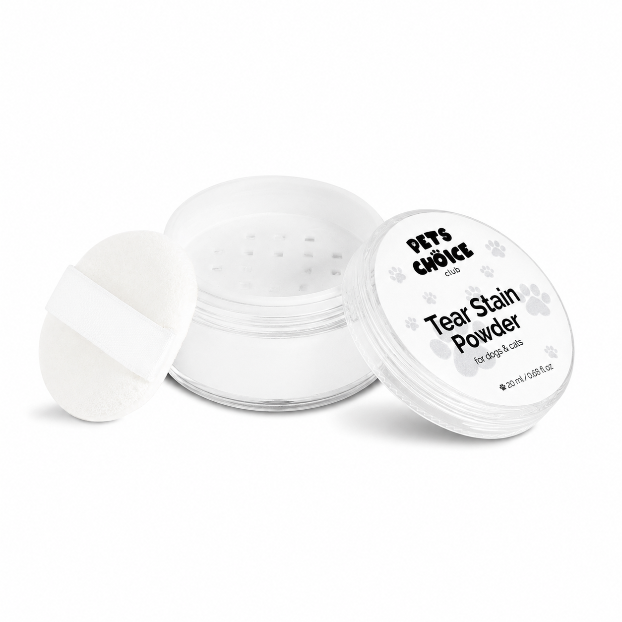 Pet tear stain powder container with lid on a white background