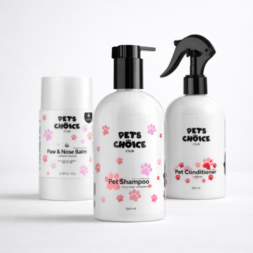 Three pet care products from 'Pets Choice' on a white background