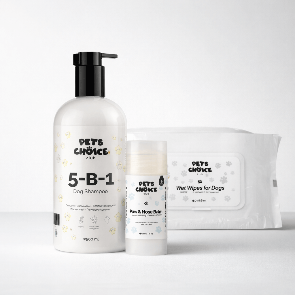 Pets Choice pet care products including shampoo, balm, and wipes on a white background