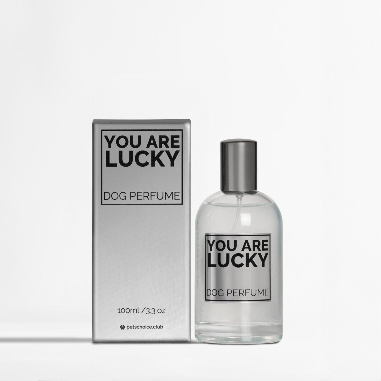Dog perfume bottle and packaging with 'You Are Lucky' text on a white background