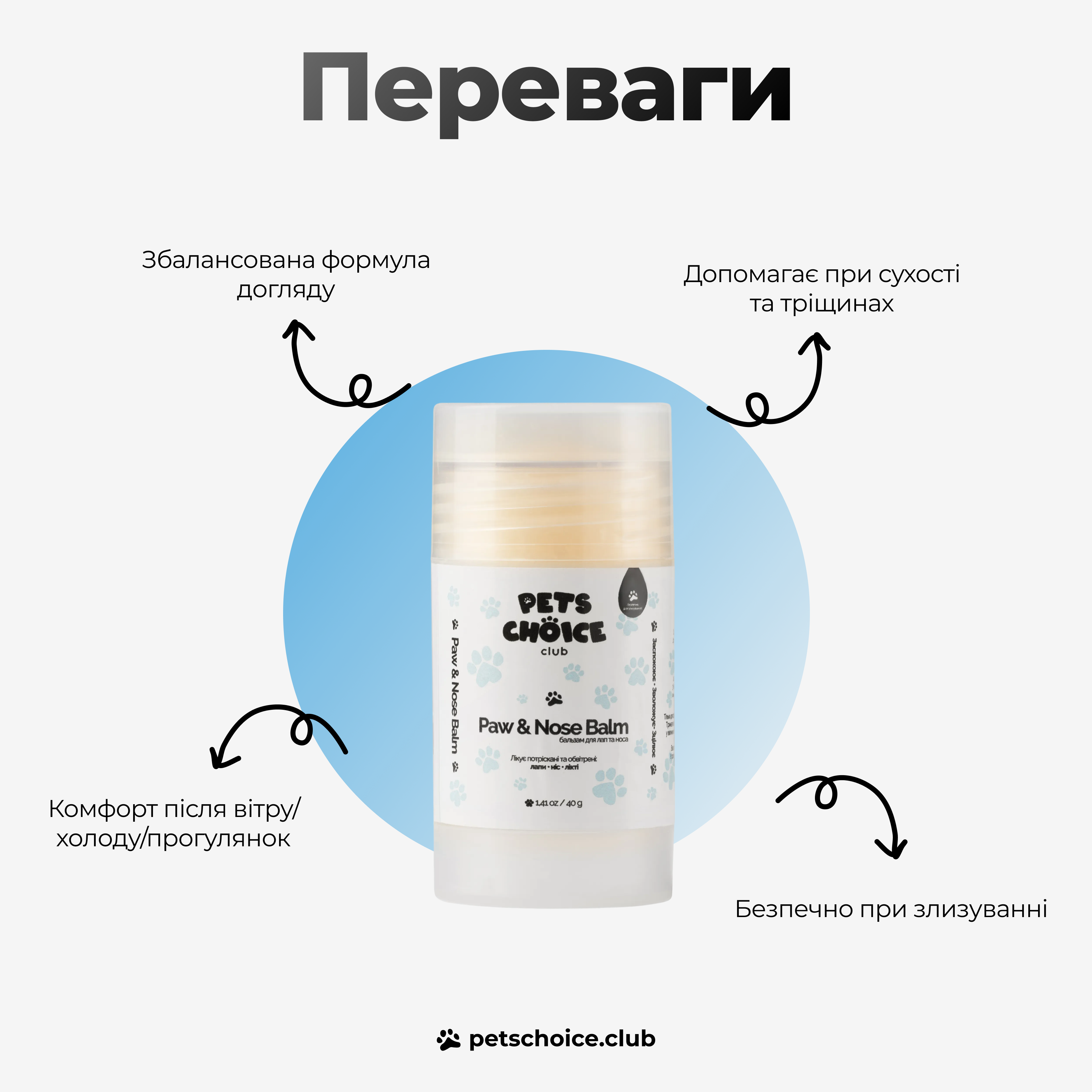 Pet paw and nose balm with text in Ukrainian describing its benefits on a white background.