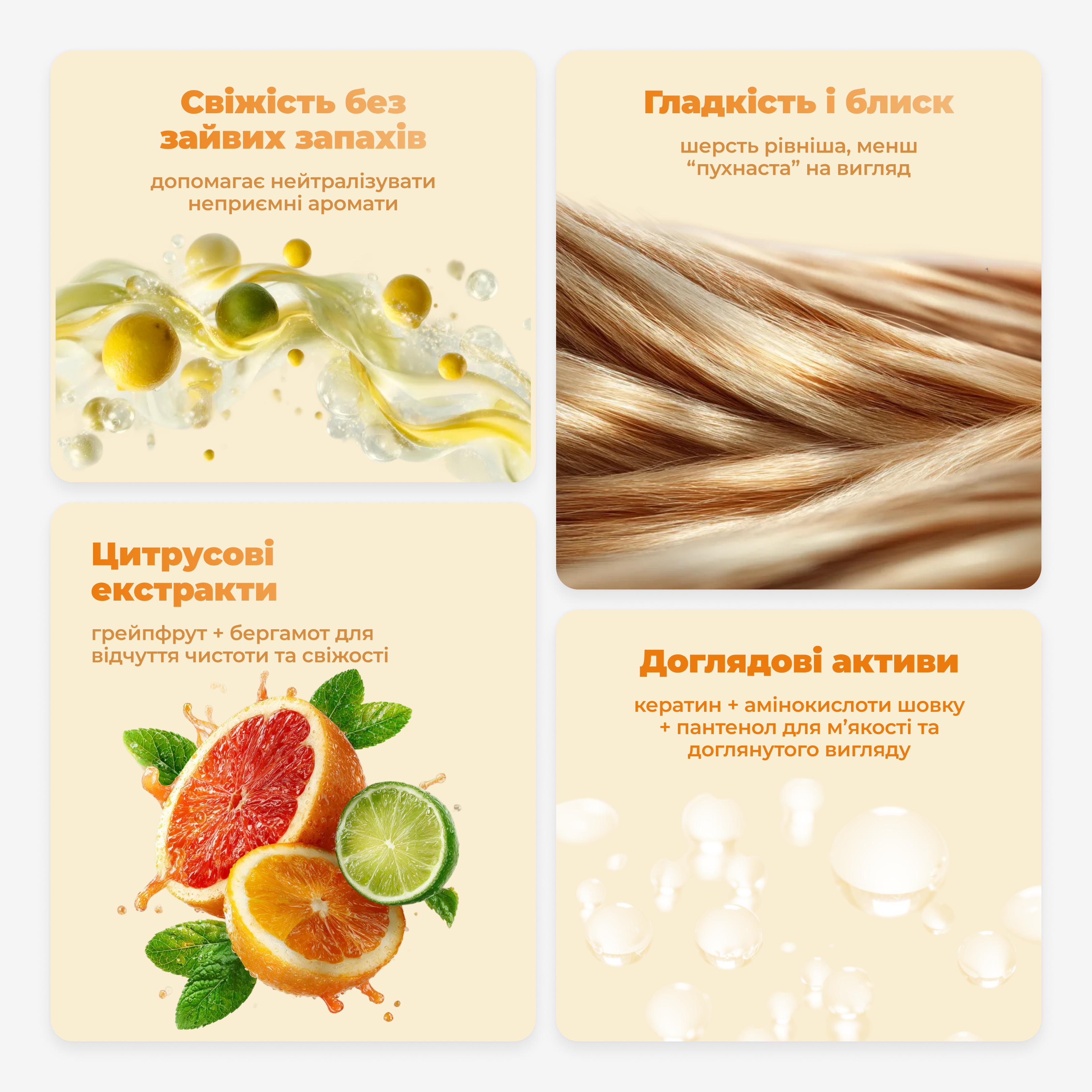 Product packaging with hair care ingredients and benefits on a beige background
