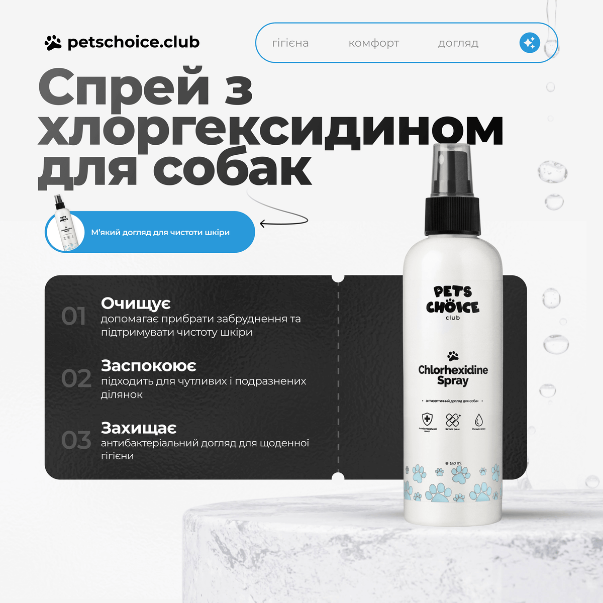 Антибактеріальний спрей для собак з хлоргексидином PetsChoice