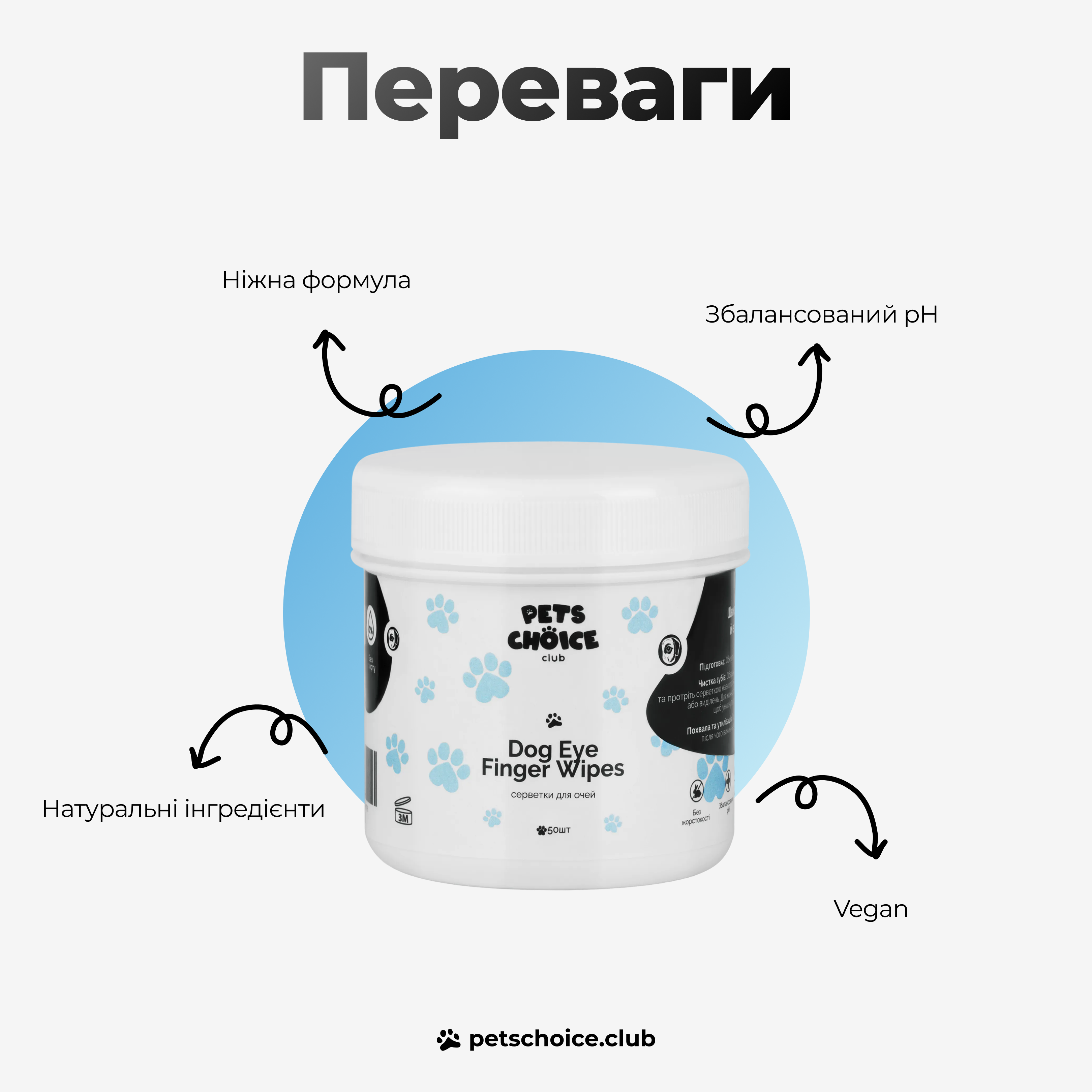 Container of dog eye finger wipes with text highlighting benefits on a white background