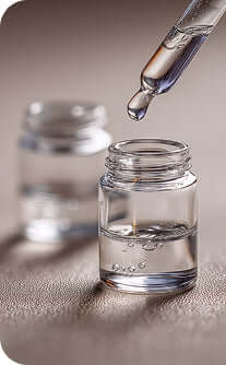 Glass dropper bottle being used to add liquid to a small glass container on a neutral background
