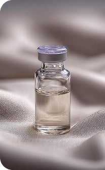Clear glass vial with a purple cap on a textured beige surface