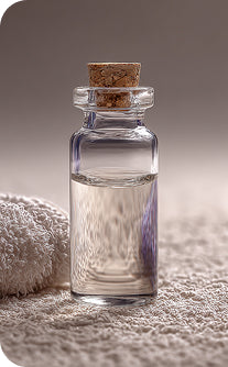 Small glass bottle with cork stopper on a textured surface