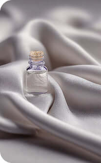 Small glass bottle with a cork on a draped fabric background