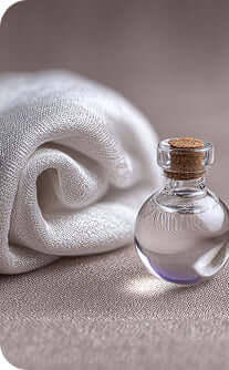 Small glass bottle with cork lid on a textured surface with a white cloth.