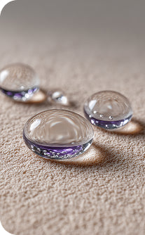 Clear glass marbles with purple and blue swirls on a textured surface