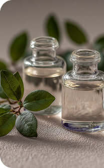 Two small glass bottles with clear liquid on a light surface with green leaves.