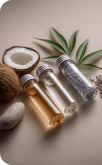 Three small glass bottles with different contents on a neutral background with a coconut and leaves.