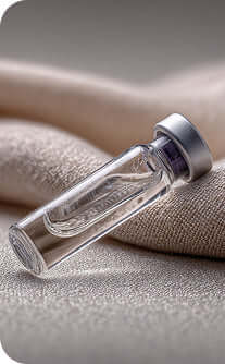 Clear glass vial with metal cap on a textured surface