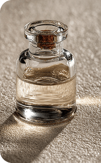 Small glass bottle with cork lid on a textured surface