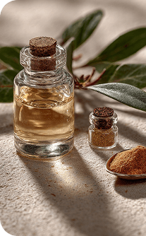 Small glass bottle with cork lid containing a clear liquid, surrounded by leaves on a textured surface.