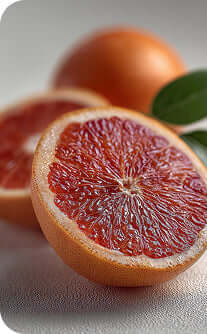 Close-up of a halved grapefruit with a whole grapefruit in the background on a light surface.