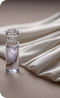 Small glass bottle with a white liquid on a beige fabric background