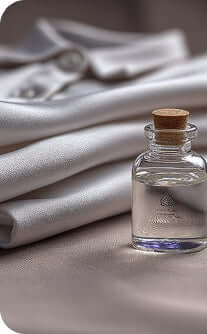 Small glass bottle with cork lid on a fabric background
