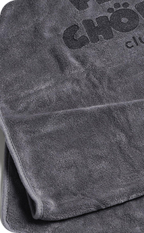 Gray towel with 'CHOICE' branding on a dark background
