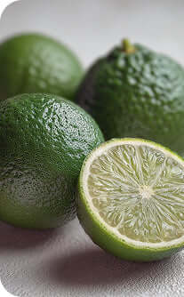 Green limes with one cut in half on a white background
