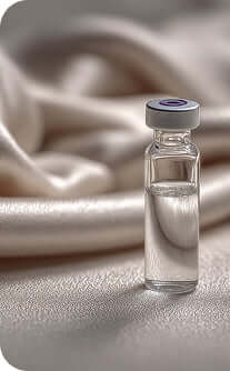 Clear glass vial with a dark cap on a textured beige background