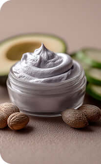 Jar of gray cream with avocado, nuts, and lime on a brown background