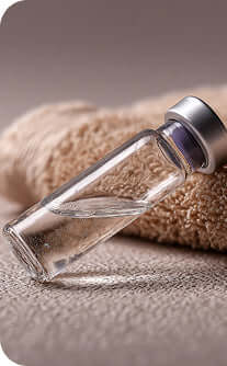 Clear glass bottle with silver cap on a textured beige surface