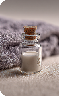 Small glass bottle with cork lid containing a white powder, placed on a textured surface with a towel in the background.