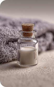 Small glass bottle with cork lid containing a white powder, placed on a textured surface with a towel in the background.
