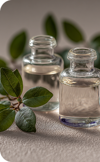 Two small glass bottles with a clear liquid on a light surface with green leaves.