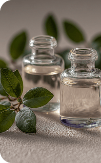 Two small glass bottles with a clear liquid on a light surface with green leaves.