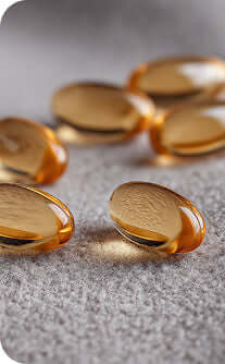 Gold-colored pills or capsules on a textured surface