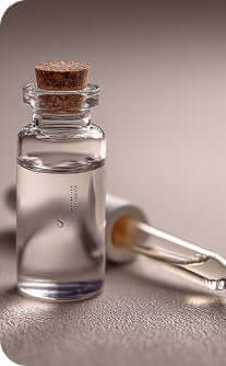 Small glass bottle with cork stopper on a reflective surface