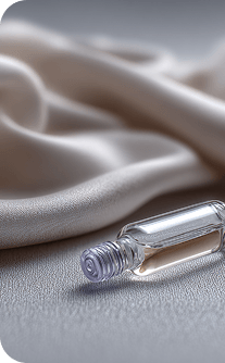 Clear cylindrical object on a textured surface with beige fabric in the background