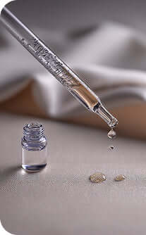 Glass dropper with liquid being dispensed onto a gray surface