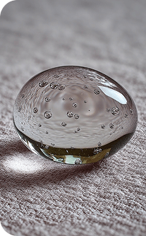 Clear glass marble with bubbles on a textured surface