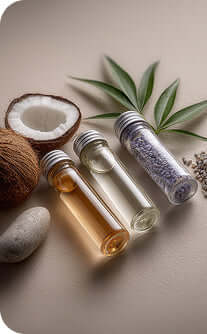 Three small glass bottles with different colored liquids on a neutral background with coconuts and leaves.