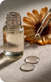 Glass dropper bottle with clear liquid next to a sunflower and dropper on a textured surface