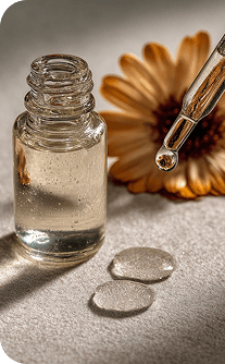 Glass dropper bottle with clear liquid next to a sunflower and dropper on a textured surface