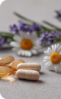 Supplements and flowers on a light surface