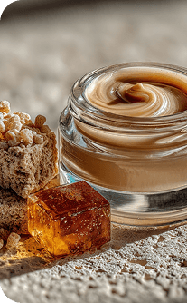 Jar of cream with honeycomb and honey on a wooden surface